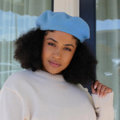 Wool Beret Hat in Light Blue