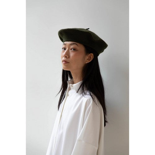 Wool Beret Hat in Olive Green