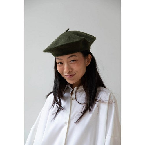 Wool Beret Hat in Olive Green