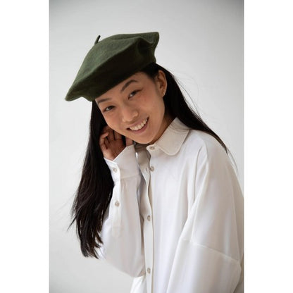 Wool Beret Hat in Olive Green