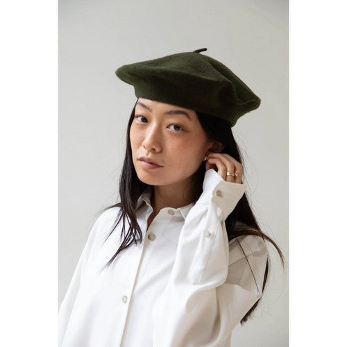 Wool Beret Hat in Olive Green