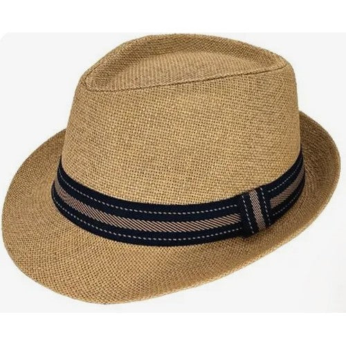 09539 Tri Colour Band Straw Trilby Fedora Hat in Brown 