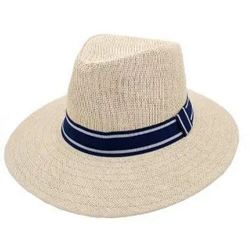 00232 Stripe Band Straw Panama Hat in Ivory