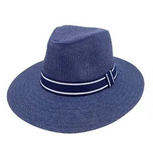 00232 Stripe Band Straw Panama Hat in Navy