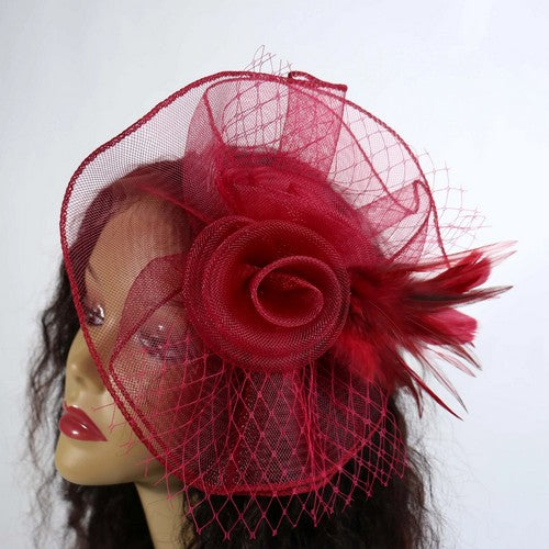 ASF0823 Flower Mesh Fascinator in Burgundy