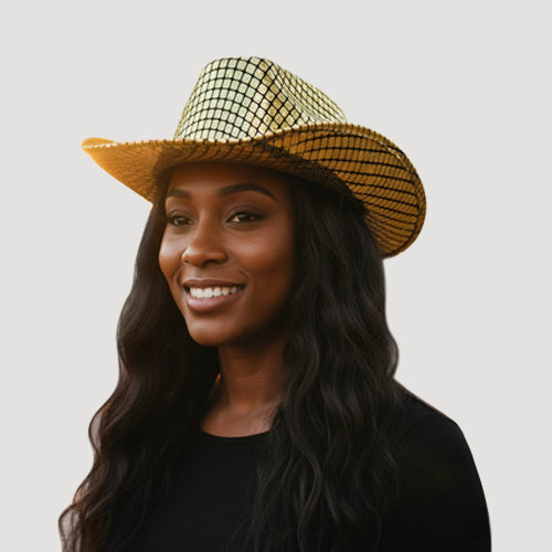 Plaid Print Western Cowboy Hat in Gold