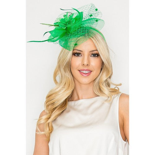 HTH2966 Floral Feathered Round Fascinator in Green