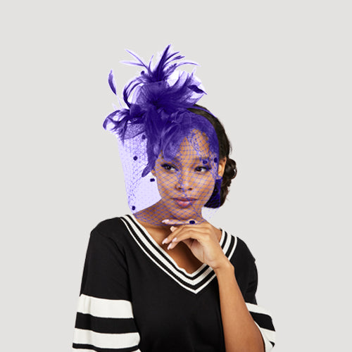 Face Veil Feather Fascinator in Purple