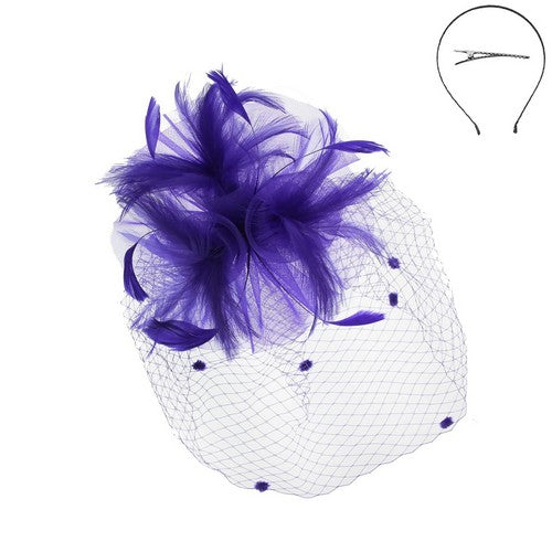 HTH2310 Face Veil Feather Fascinator in Purple
