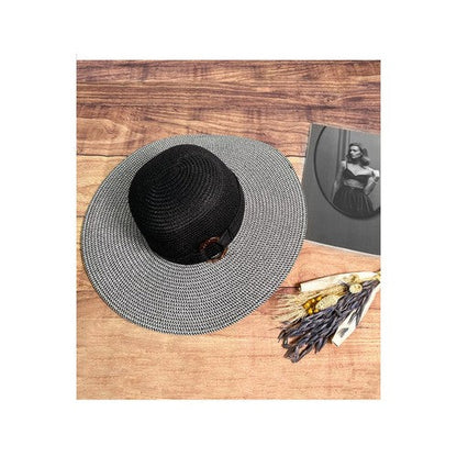 Tortoise Shell Disc Wide Brim Straw Hat in Black