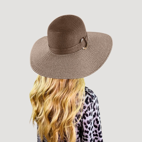 Tortoise Shell Disc Wide Brim Straw Hat in Brown