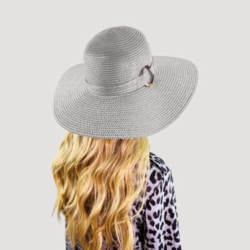 Tortoise Shell Disc Wide Brim Straw Hat in Grey