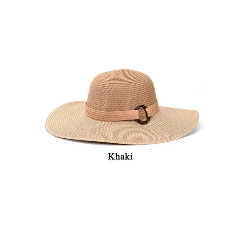 Tortoise Shell Disc Wide Brim Straw Hat in Khaki