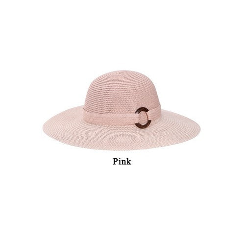 Tortoise Shell Disc Wide Brim Straw Hat in Pink
