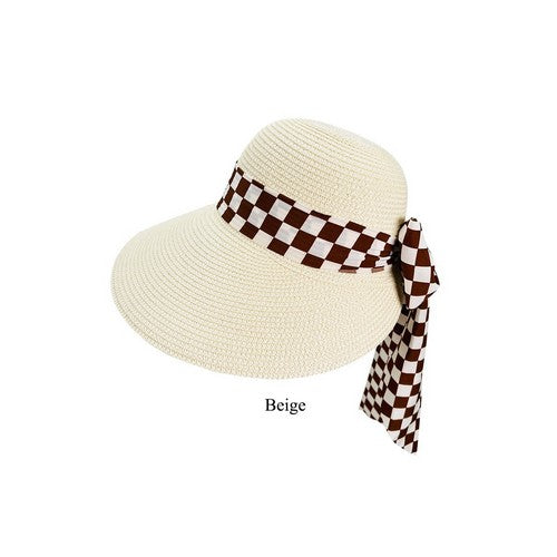 Checker Ribbon Straw Peak Hat in Beige Ivory