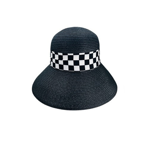 Checker Ribbon Straw Peak Hat in Black
