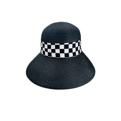 Checker Ribbon Straw Peak Hat in Black