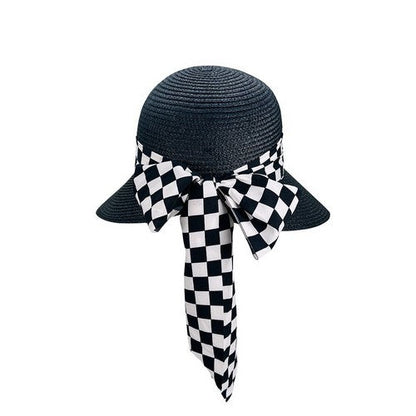 Checker Ribbon Straw Peak Hat in Black