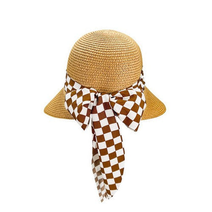 Checker Ribbon Straw Peak Hat in Khaki