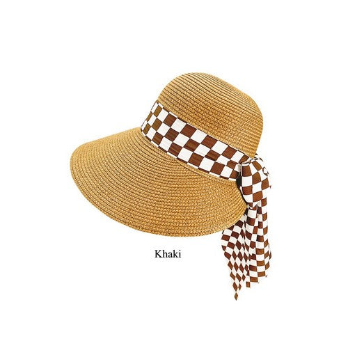 A20-71-WH-C Checker Ribbon Straw Hat in LKHAki