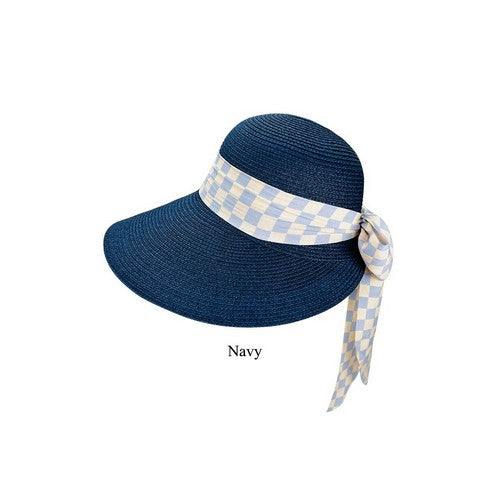 Checker Ribbon Straw Peak Hat in Navy