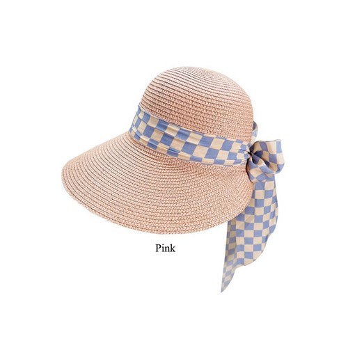 A20-71-WH-C Checker Ribbon Straw Hat in Pink