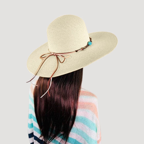 Turquoise Stone Tie Wide Brim Straw Hat in Beige Ivory