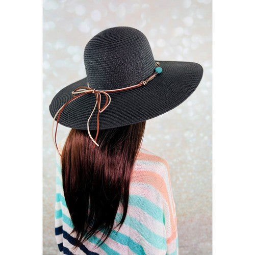 Turquoise Stone Tie Wide Brim Straw Hat in Black