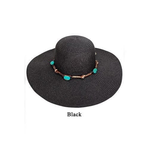 Turquoise Stone Tie Wide Brim Straw Hat in Black