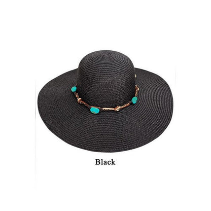 Turquoise Stone Tie Wide Brim Straw Hat in Black