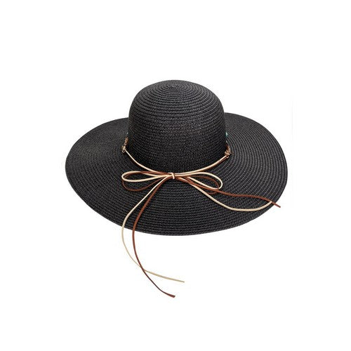 Turquoise Stone Tie Wide Brim Straw Hat in Black