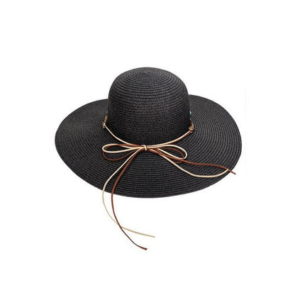 Turquoise Stone Tie Wide Brim Straw Hat in Black
