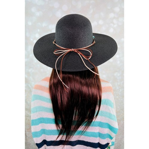A20-92-WH-C Lace Tie Straw Beach Hat in Black