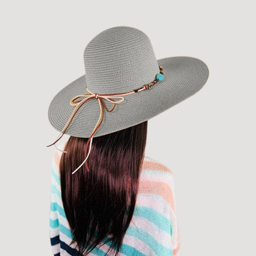 Turquoise Stone Tie Wide Brim Straw Hat in Grey