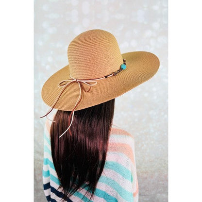 Turquoise Stone Tie Wide Brim Straw Hat in Khaki