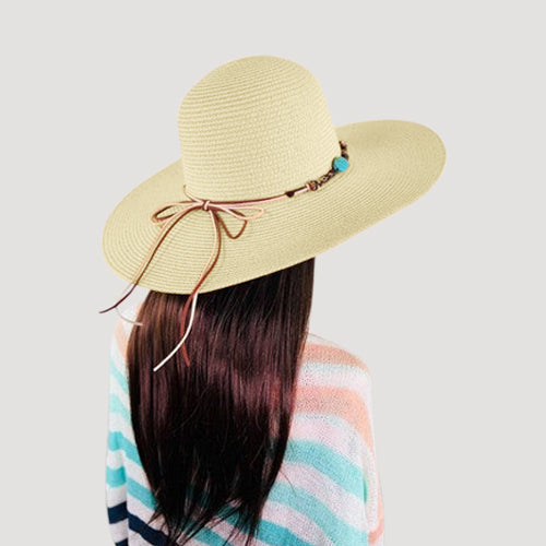 Turquoise Stone Tie Wide Brim Straw Hat in Light Khaki