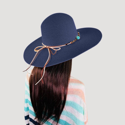 Turquoise Stone Tie Wide Brim Straw Hat in Navy