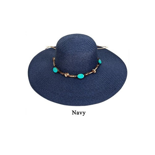 A20-92-WH-C Lace Tie Straw Beach Hat in Navy