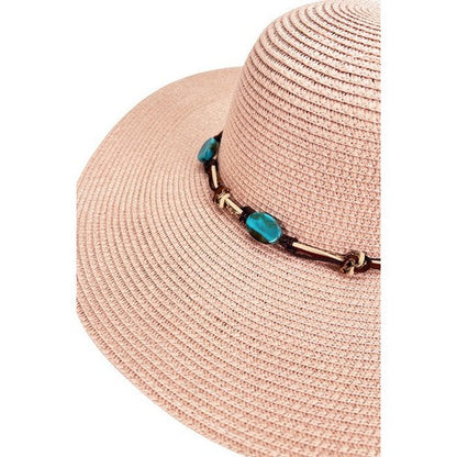 Turquoise Stone Tie Wide Brim Straw Hat in Pink