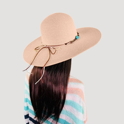 Turquoise Stone Tie Wide Brim Straw Hat in Pink