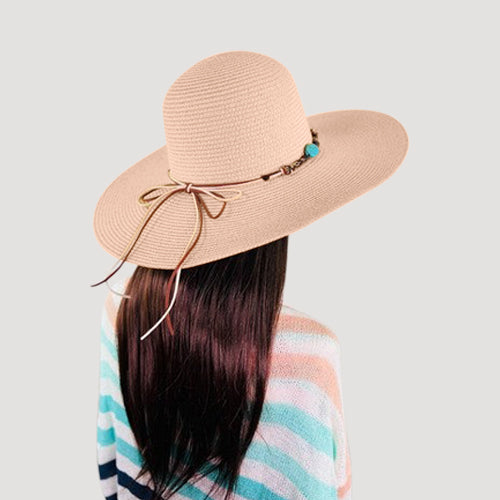 Turquoise Stone Tie Wide Brim Straw Hat in Pink