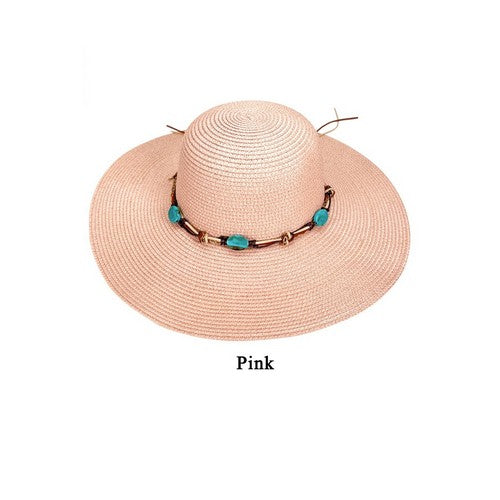 A20-92-WH-C Lace Tie Straw Beach Hat in Pink
