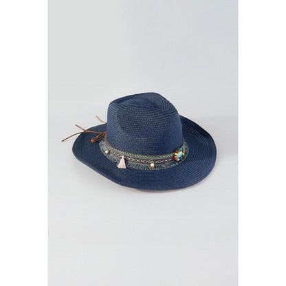 Beaded Straw Western Cowboy Hat in Navy