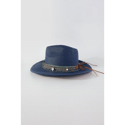 Beaded Straw Western Cowboy Hat in Navy
