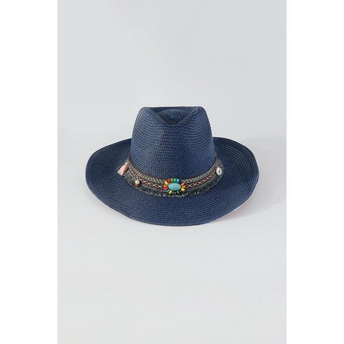 Q0248 Beaded Straw Western Cowboy Hat in Navy
