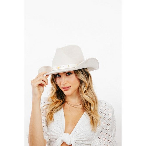 Studded Strap Western Cowboy Hat in Ivory