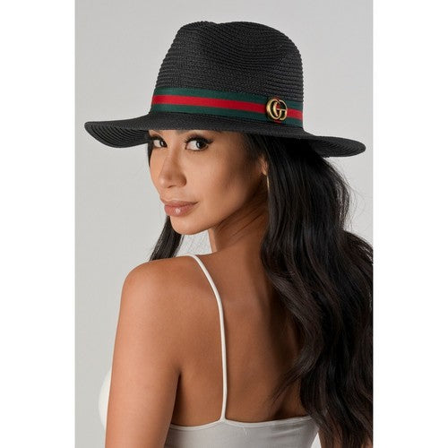 CG Badge Straw Panama Hat in Black