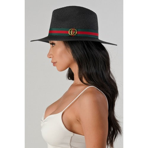 CG Badge Straw Panama Hat in Black