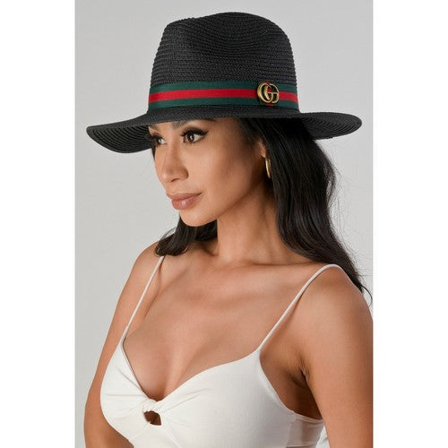CG Badge Straw Panama Hat in Black