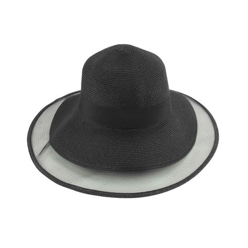 HTP2355 Mesh Trim Straw Church Hat in Black
